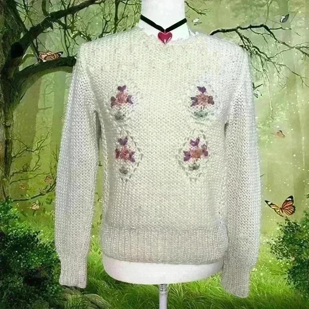 Vintage Hand Knit Grandma Core Floral Pull-Over Sweater by Exclusive Imports